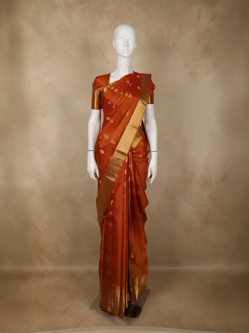Rust Orange Butta Woven Kanchipuram Silk Saree With Zari Border 1