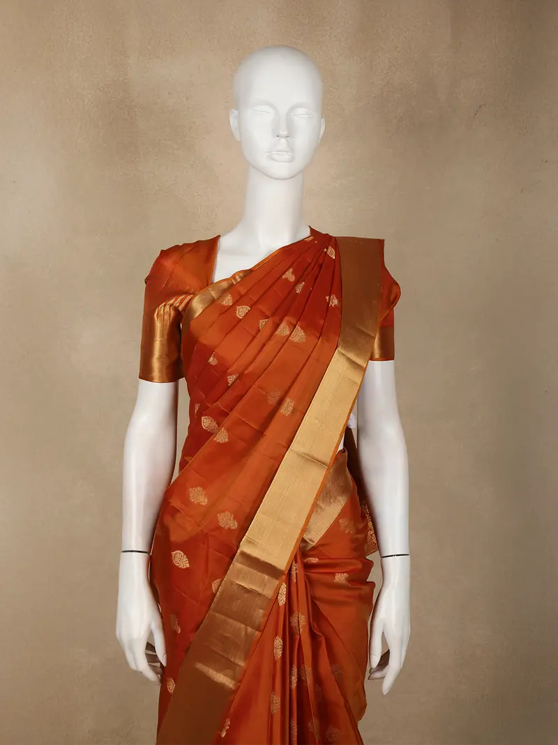 Rust Orange Butta Woven Kanchipuram Silk Saree With Zari Border 2