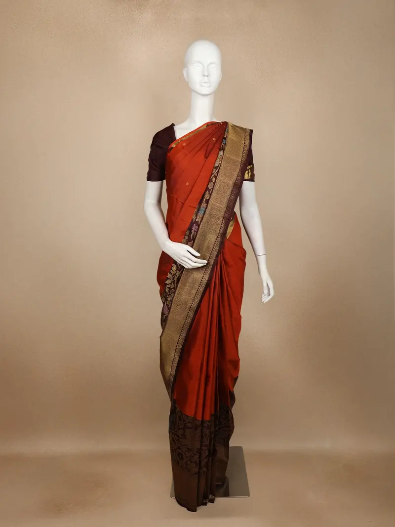 Rust Orange Butta Woven Pure Kanchipuram Silk Saree With Contrast Brown Zari Border 1