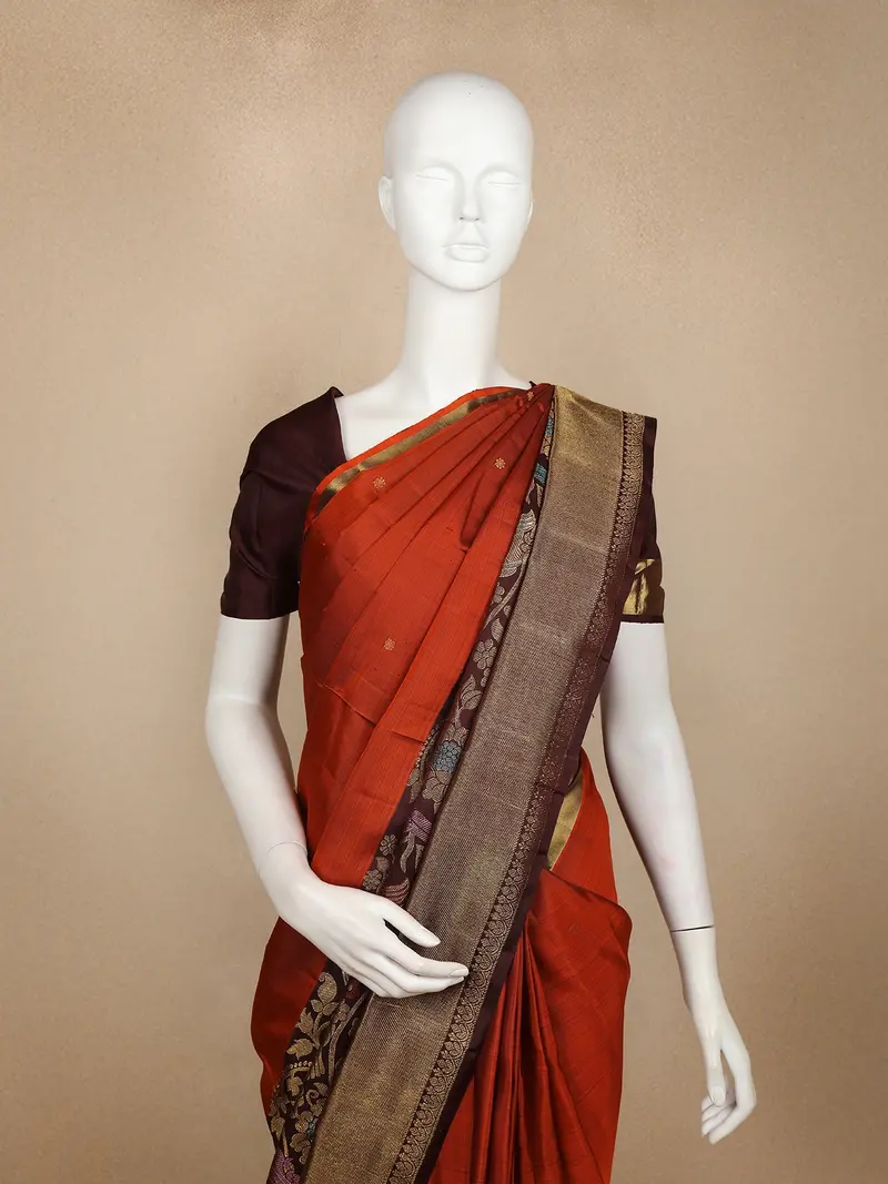 Rust Orange Butta Woven Pure Kanchipuram Silk Saree With Contrast Brown Zari Border 2
