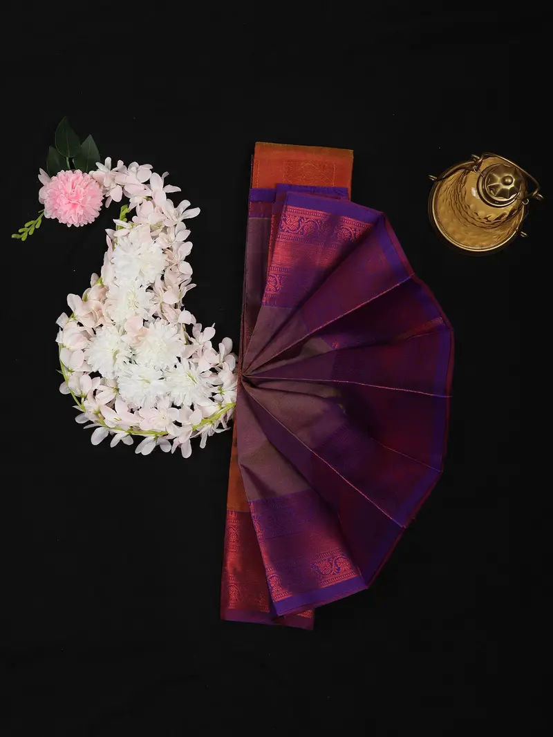 Rust Orange Butta Woven Soft Silk Saree With Purple Contrast Border 1