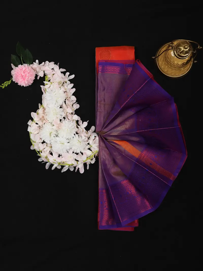 Rust Orange Butta Woven Soft Silk Saree With Purple Contrast Border 1