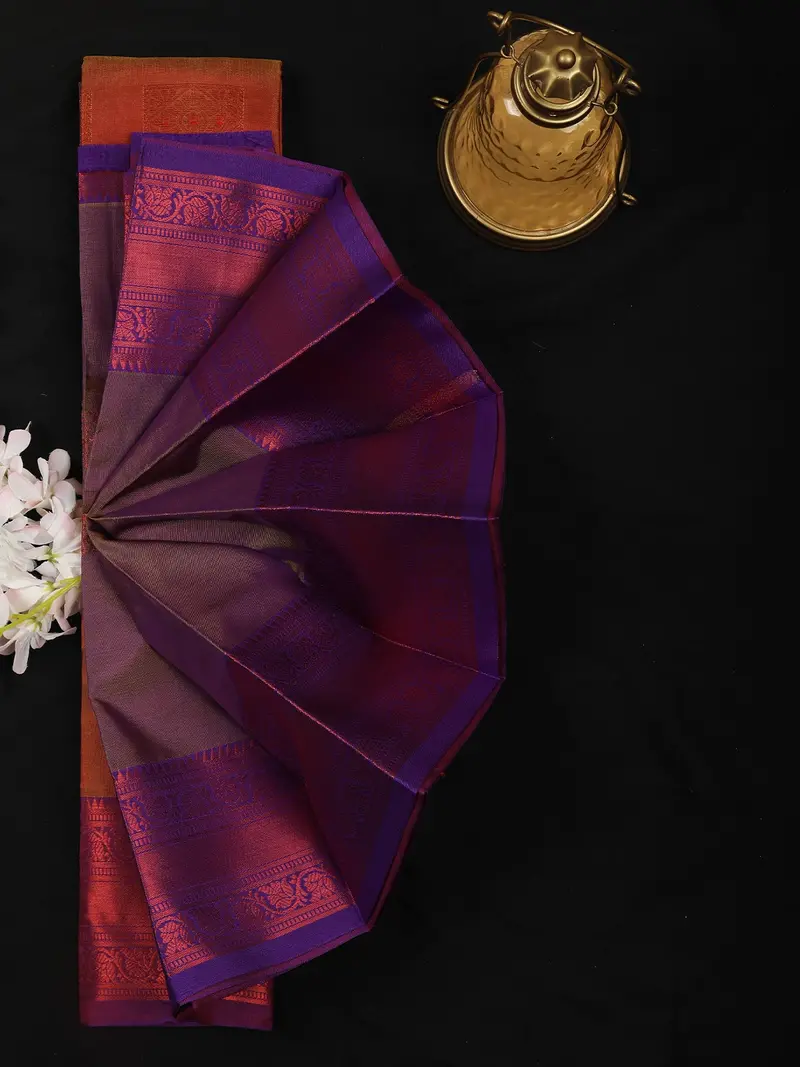 Rust Orange Butta Woven Soft Silk Saree With Purple Contrast Border 2