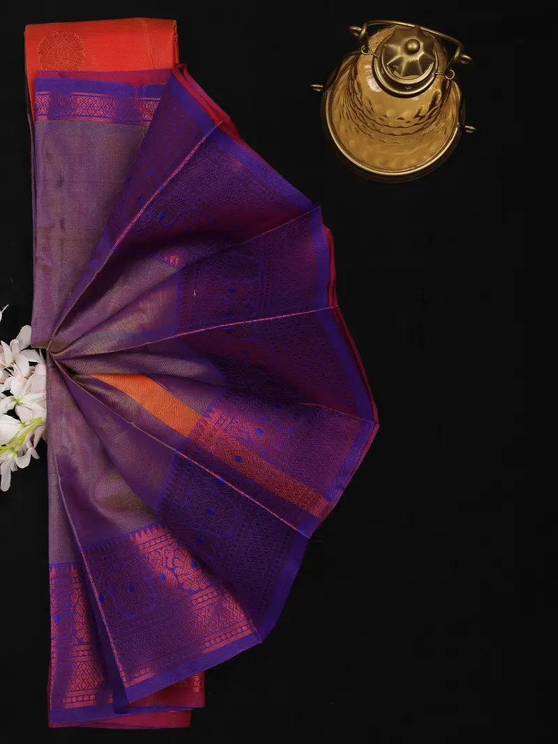 Rust Orange Butta Woven Soft Silk Saree With Purple Contrast Border 2