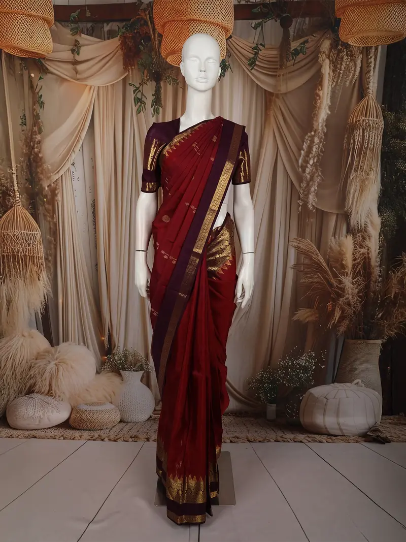 Rust Orange Butta Zari Woven Design Pure Kanchipuram Silk Saree With Contrast Purple Gold Border 1