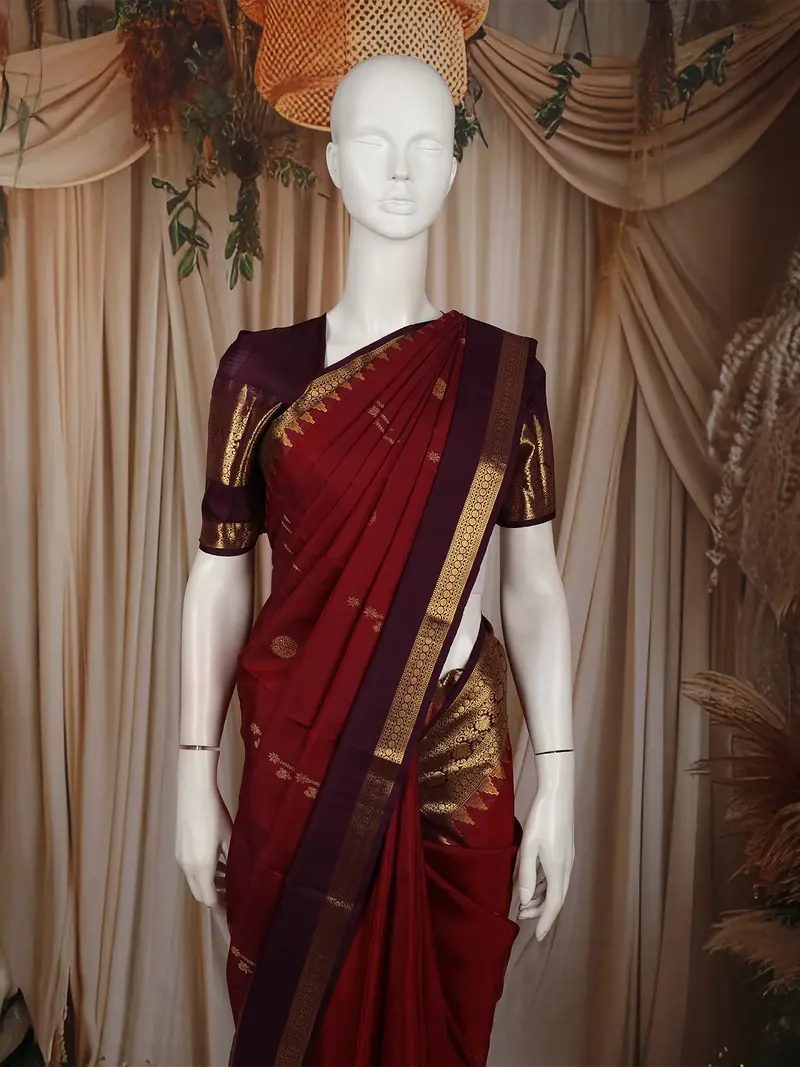 Rust Orange Butta Zari Woven Design Pure Kanchipuram Silk Saree With Contrast Purple Gold Border 2