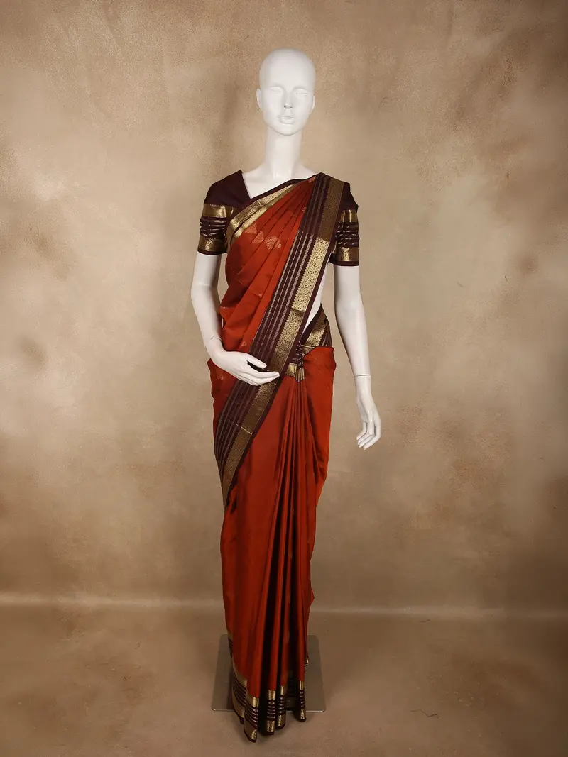 Rust Orange Butta Zari Woven Design Pure Kanchipuram Silk Saree With Contrast Striped Border 1