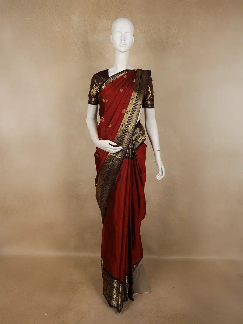Rust Orange Butta Zari Woven Design Pure Kanchipuram Silk Saree With Contrast Zari Border 1
