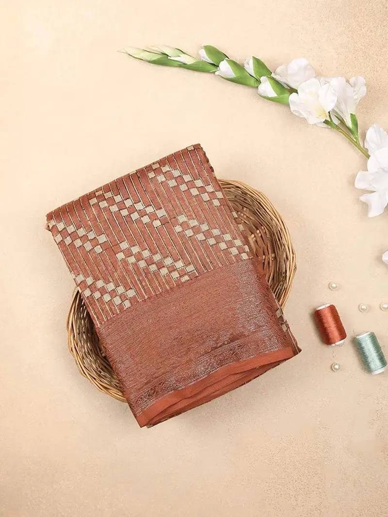 Rust Orange Chanderi Silk Saree With Checks And Stripes On The Body With Zari Border 1