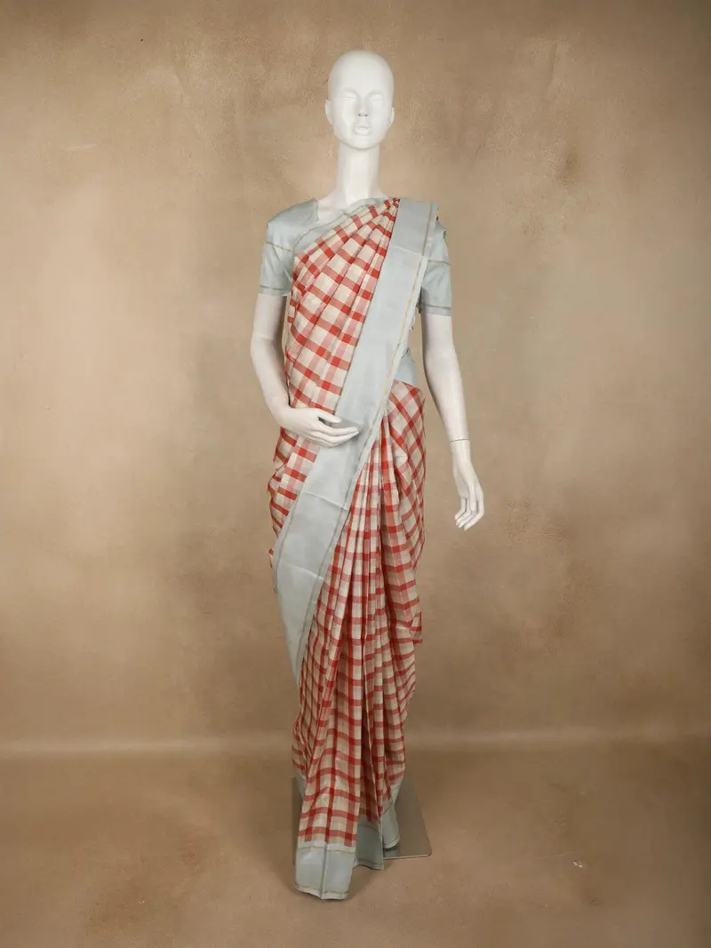 Rust Orange Checked Woven Design Pure Kanchipuram Silk Saree With Contrast Zari Border 1