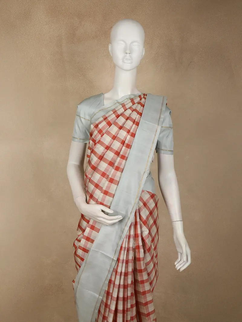 Rust Orange Checked Woven Design Pure Kanchipuram Silk Saree With Contrast Zari Border 2
