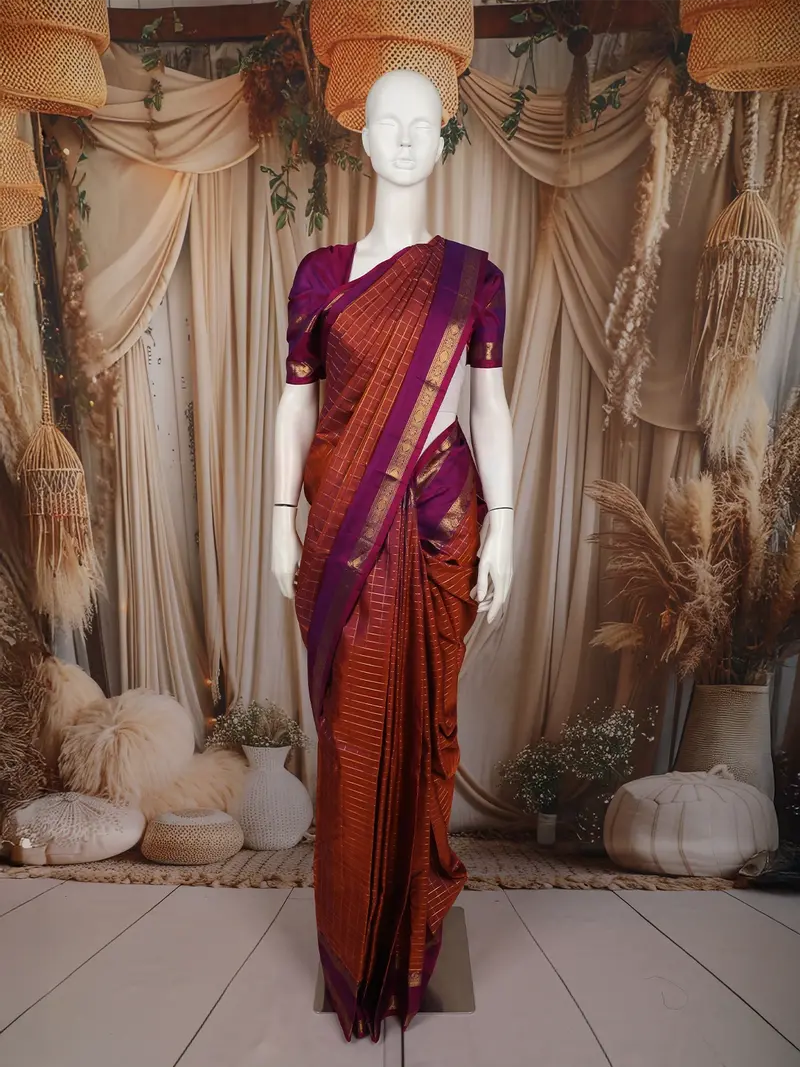 Rust Orange Checked Zari Woven Silk Saree With Contrast Purple Border 1