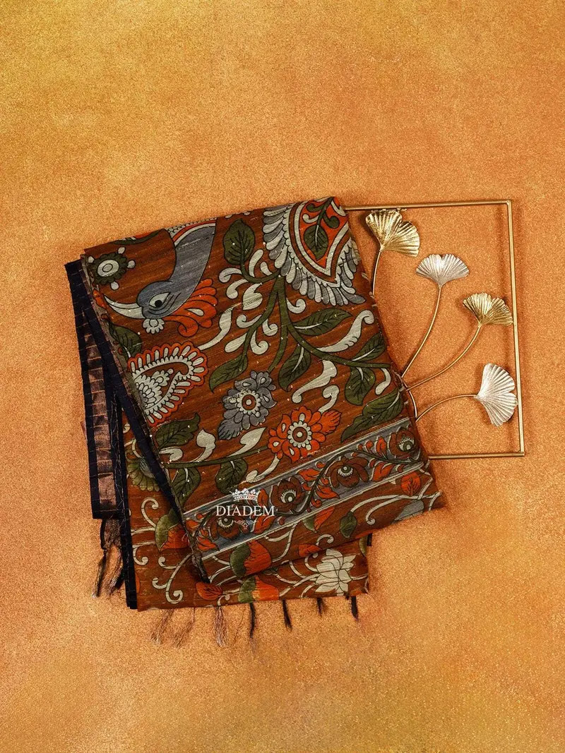 Rust Orange Cotton Saree With Multicolor Floral And Peacock Designs On The Body And With Matching Border 1