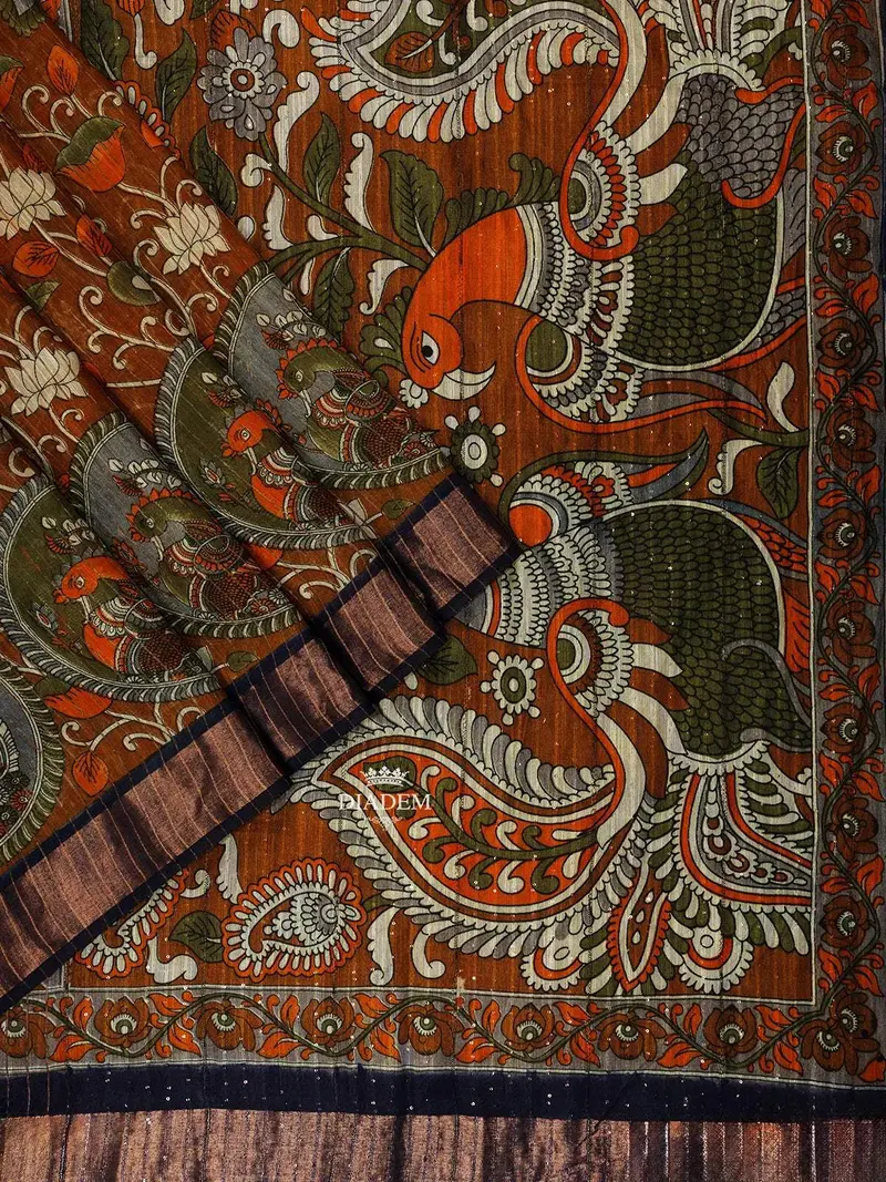 Rust Orange Cotton Saree With Multicolor Floral And Peacock Designs On The Body And With Matching Border 2