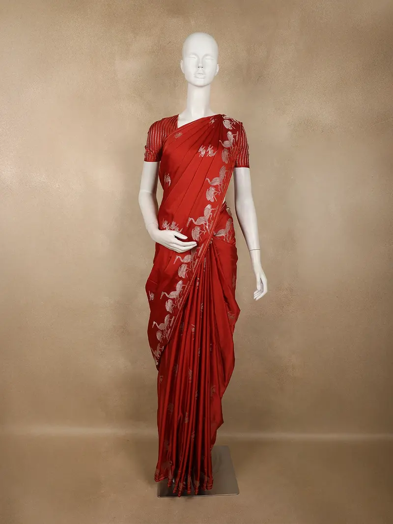 Rust Orange Crane Motif Zari Woven Design Pure Banarasi Silk Saree 1