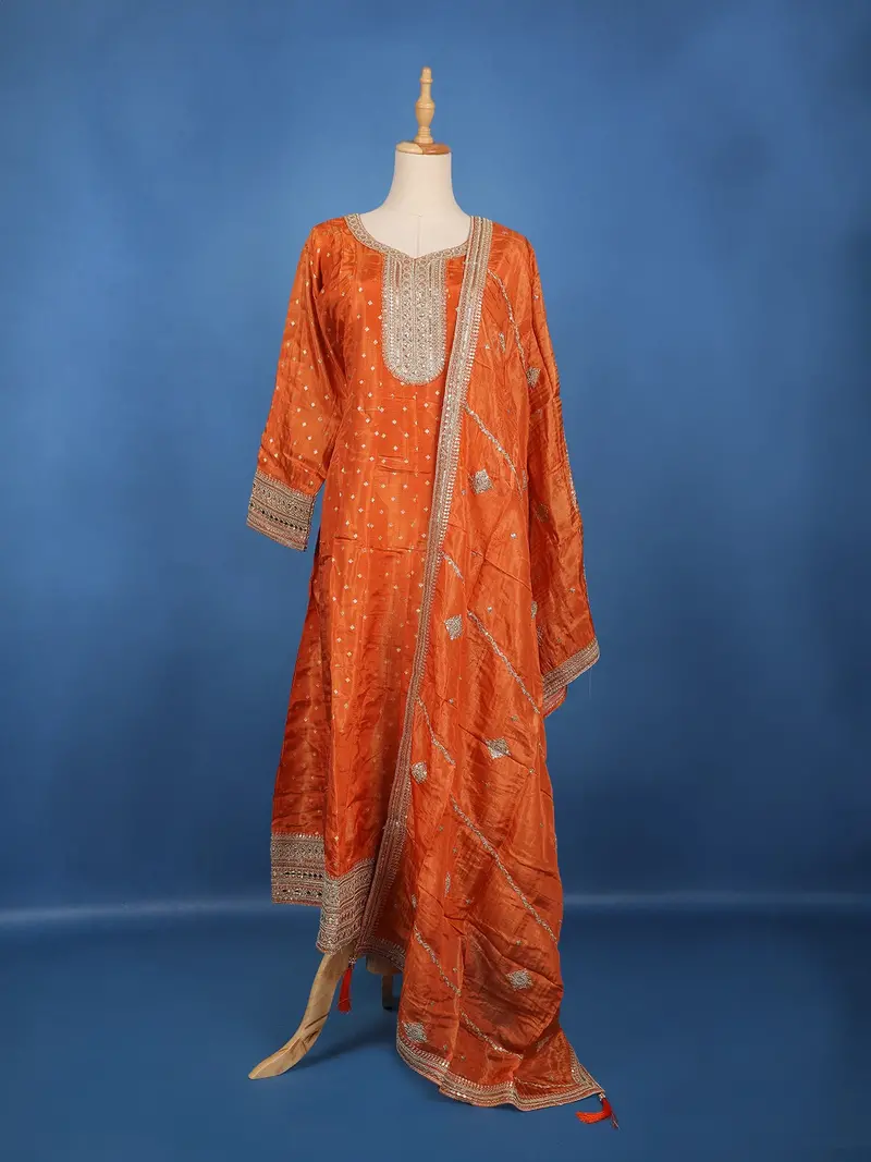 Rust Orange Embellished Design Semi Silk Salwar Suit 1
