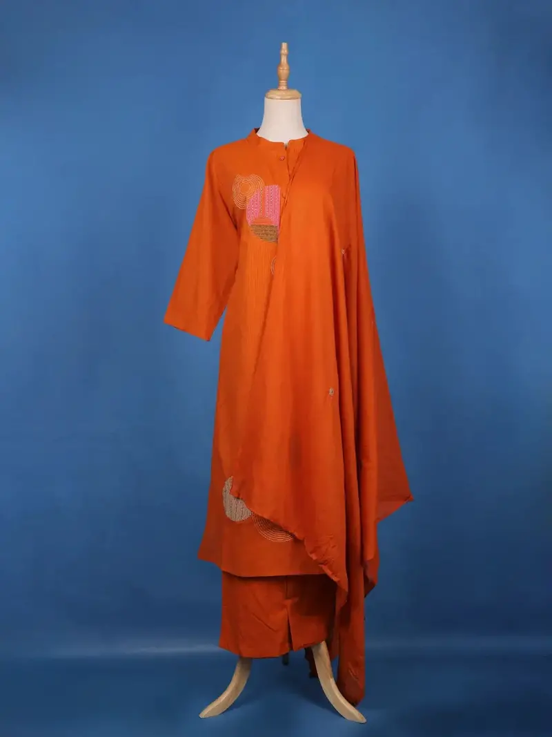 Rust Orange Embroidered Design Cotton Salwar Suit 1