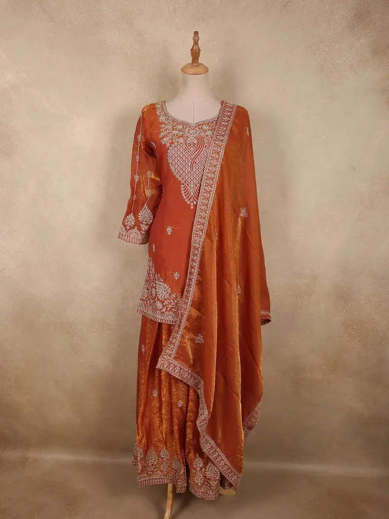 Rust Orange Floral Beads Embroidered Design Organza Palazzo Suit With Dupatta 1