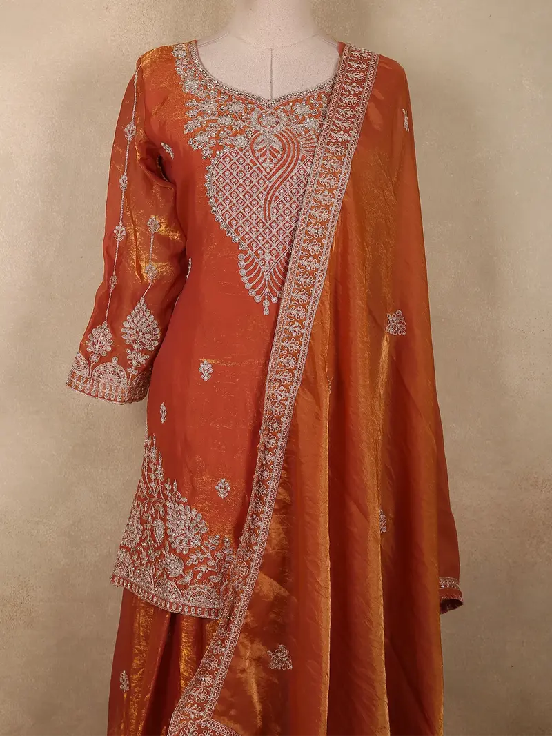 Rust Orange Floral Beads Embroidered Design Organza Palazzo Suit With Dupatta 2