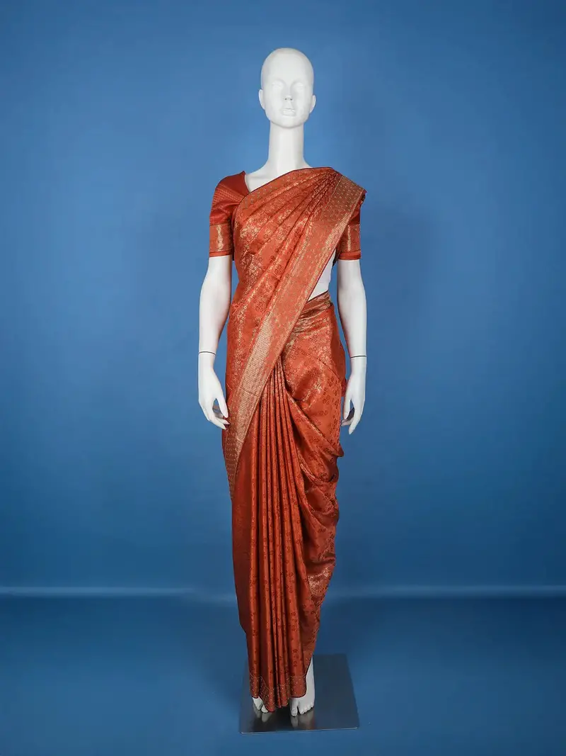 Rust Orange Floral Brocade Design Banarasi Silk Saree 1