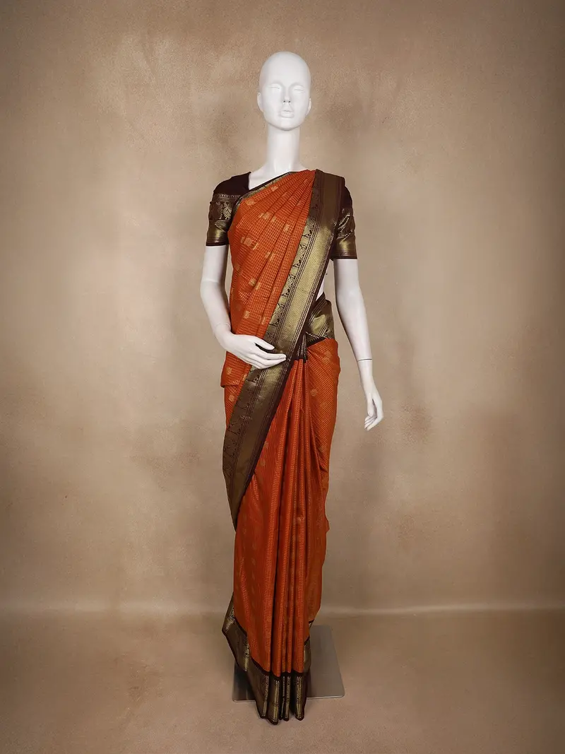 Rust Orange Floral Butta Design Art Silk Fancy Wear Saree With Contrast Border 1