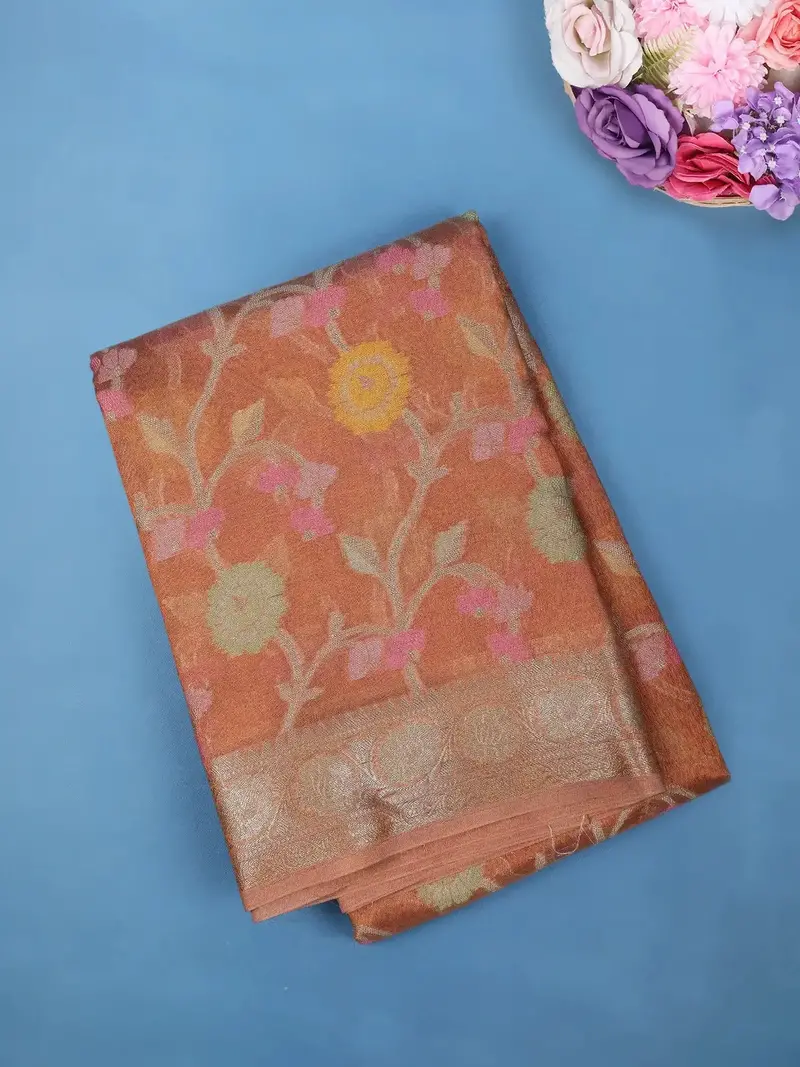 Rust Orange Floral Design Tissue Silk Saree 1