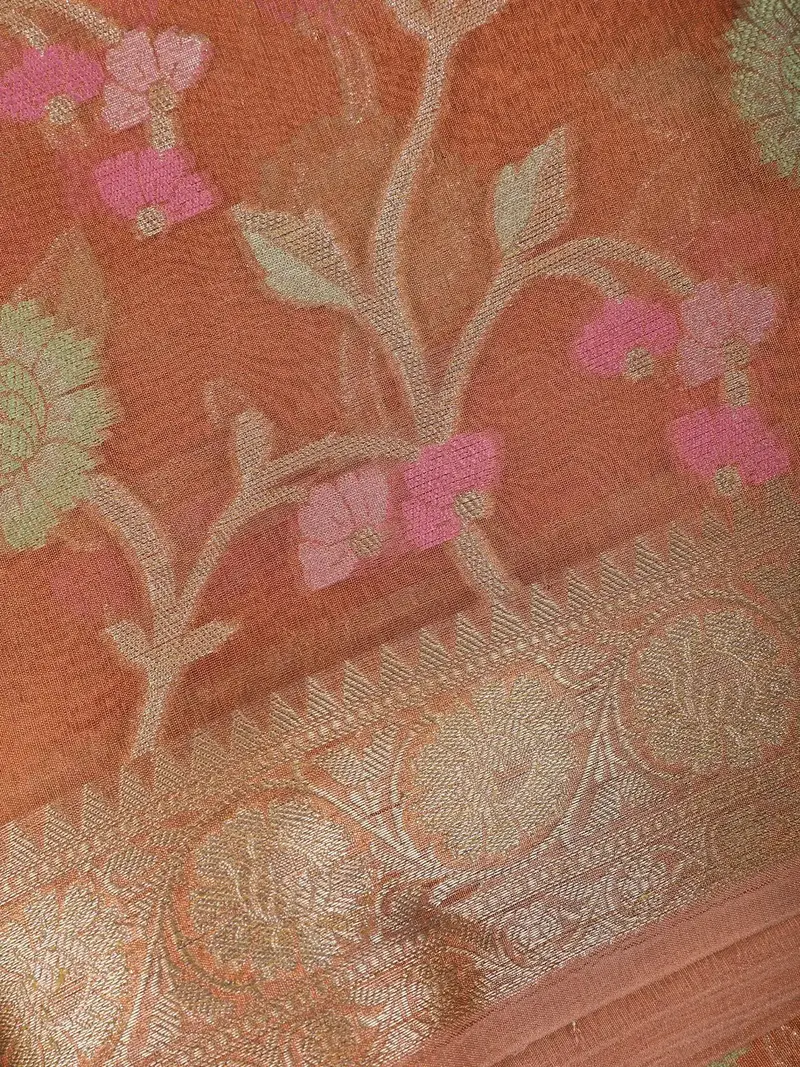 Rust Orange Floral Design Tissue Silk Saree 2