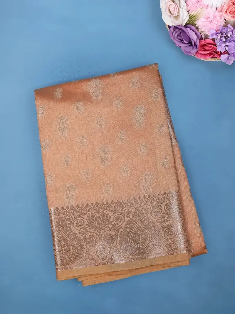Rust Orange Floral Design Woven Tissue Silk Saree 1