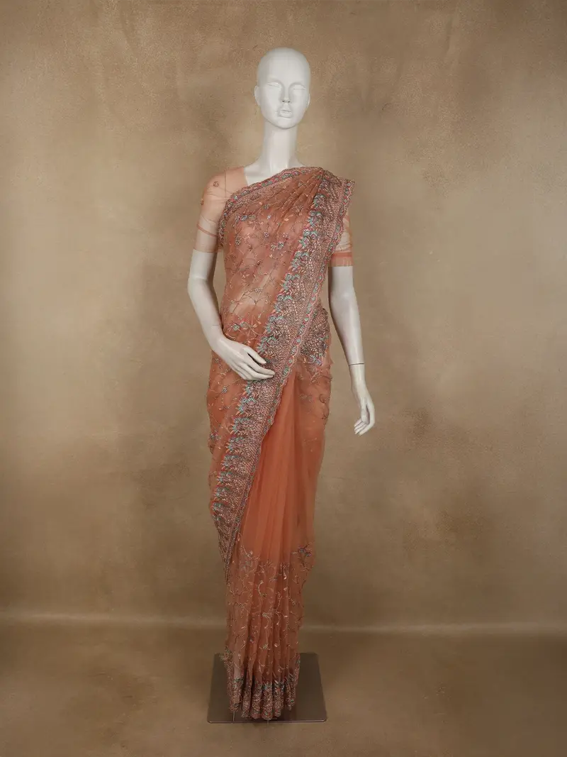 Rust Orange Floral Embroidered Design Net Designer Saree 1
