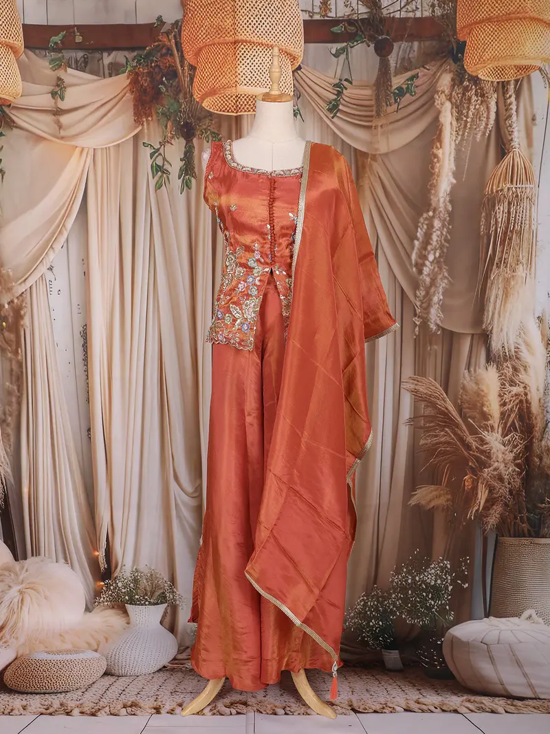 Rust Orange Floral Embroidered Design Tissue Organza Peplum Palazzo Suit With Dupatta 1
