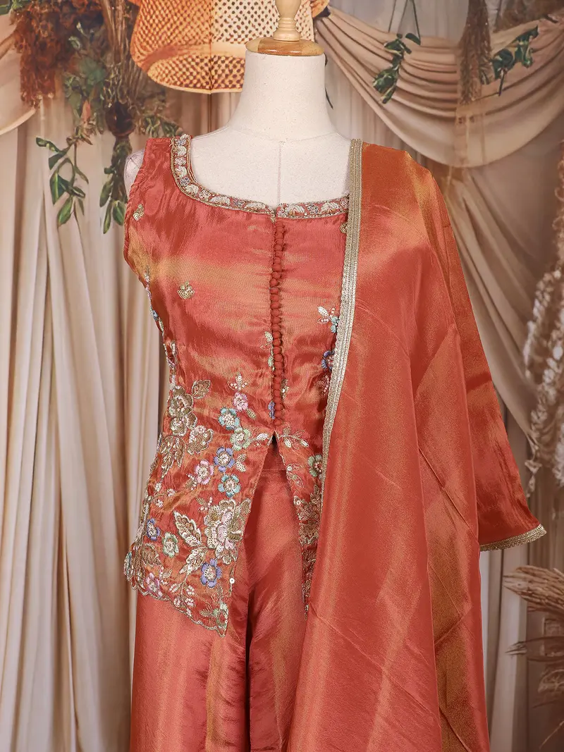 Rust Orange Floral Embroidered Design Tissue Organza Peplum Palazzo Suit With Dupatta 2