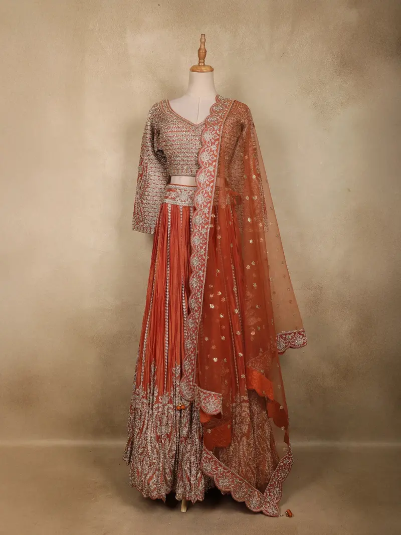 Rust Orange Floral Embroidered Design Tissue Silk Designer Lehenga With Dupatta 1