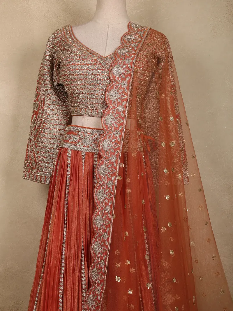 Rust Orange Floral Embroidered Design Tissue Silk Designer Lehenga With Dupatta 2