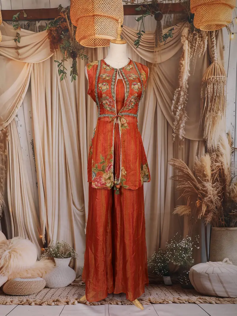 Rust Orange Floral Embroidered Design Tissue Silk Palazzo Suit 1