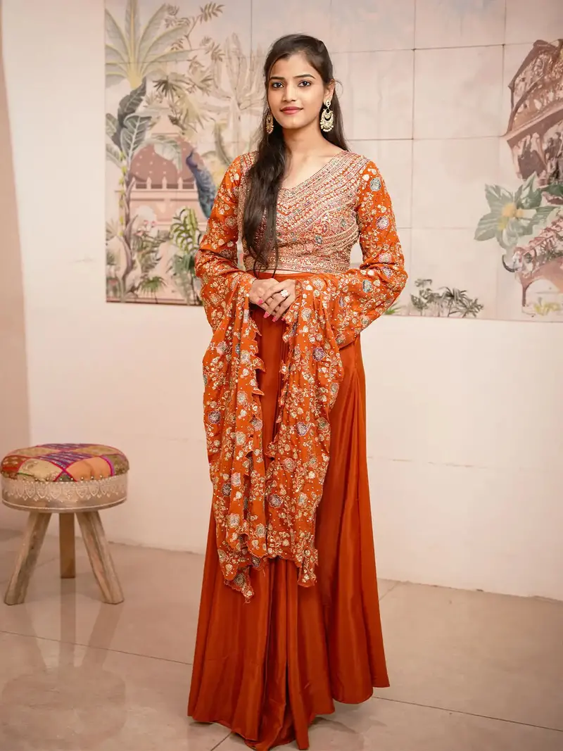 Rust Orange Floral Embroidered Georgette Crop Top With Draped Skirt 1