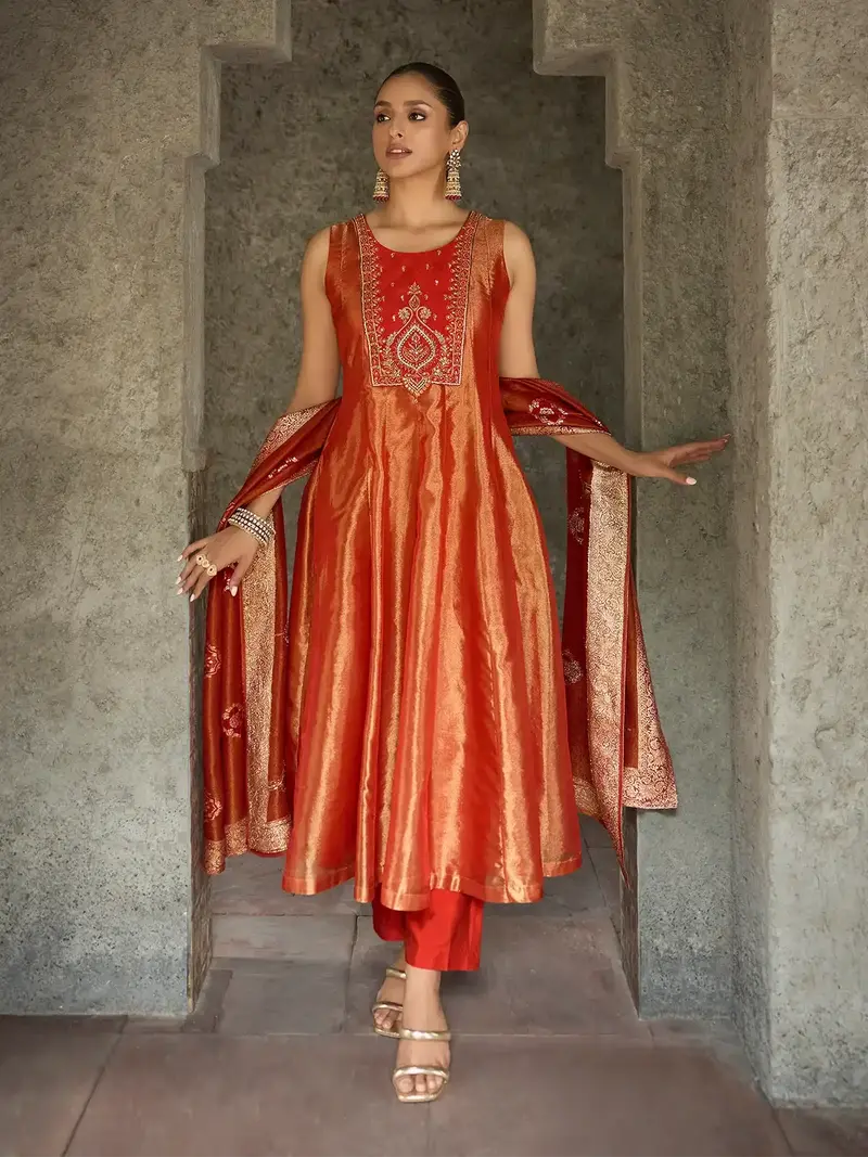 Rust Orange Floral Embroidered Tissue Silk Anarkali Salwar Suit 1
