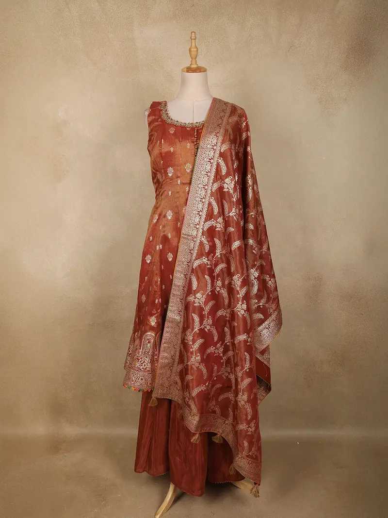 Rust Orange Floral Embroidered Tissue Silk Palazzo Suit With Dupatta 1