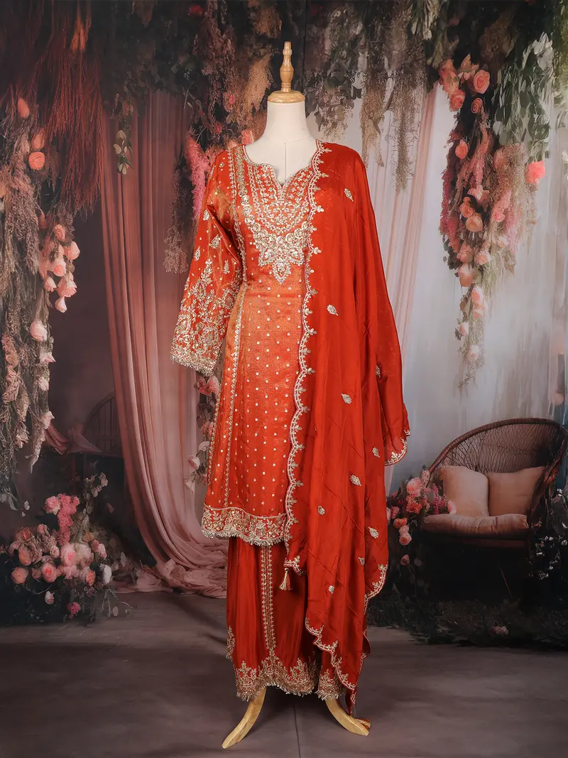 Rust Orange Floral Embroidered Tissue Silk Palazzo Suit With Dupatta 1