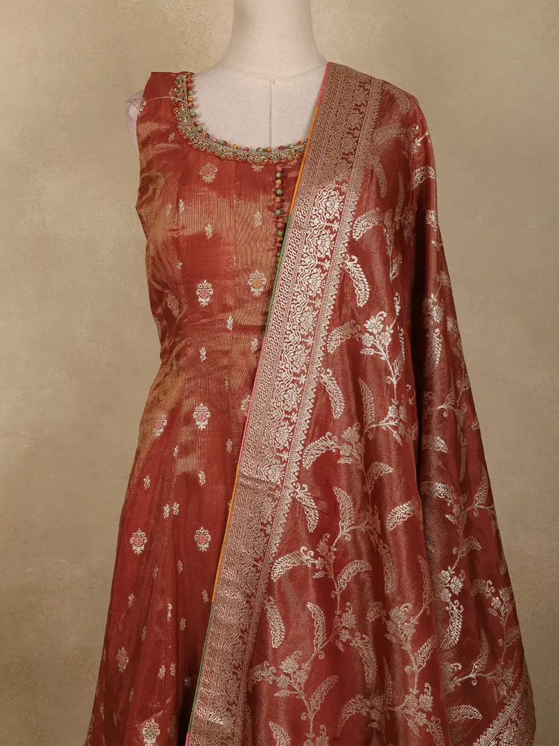 Rust Orange Floral Embroidered Tissue Silk Palazzo Suit With Dupatta 2