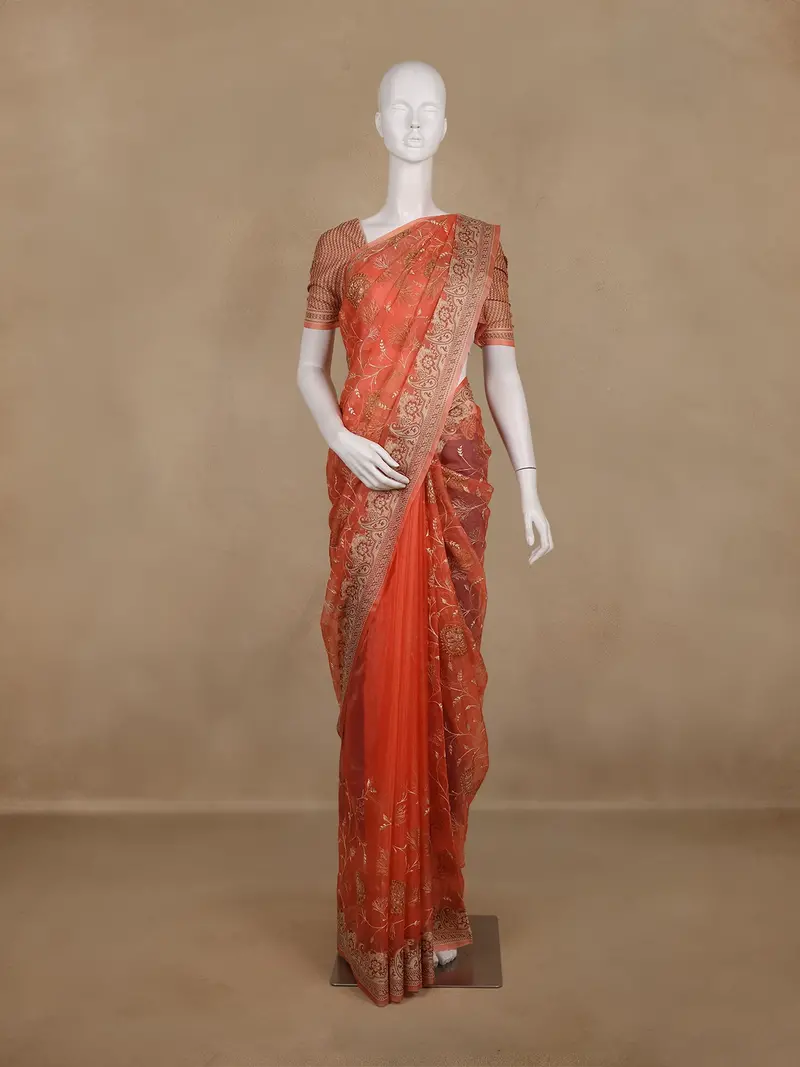 Rust Orange Floral Embroidery Design Organza Saree 1