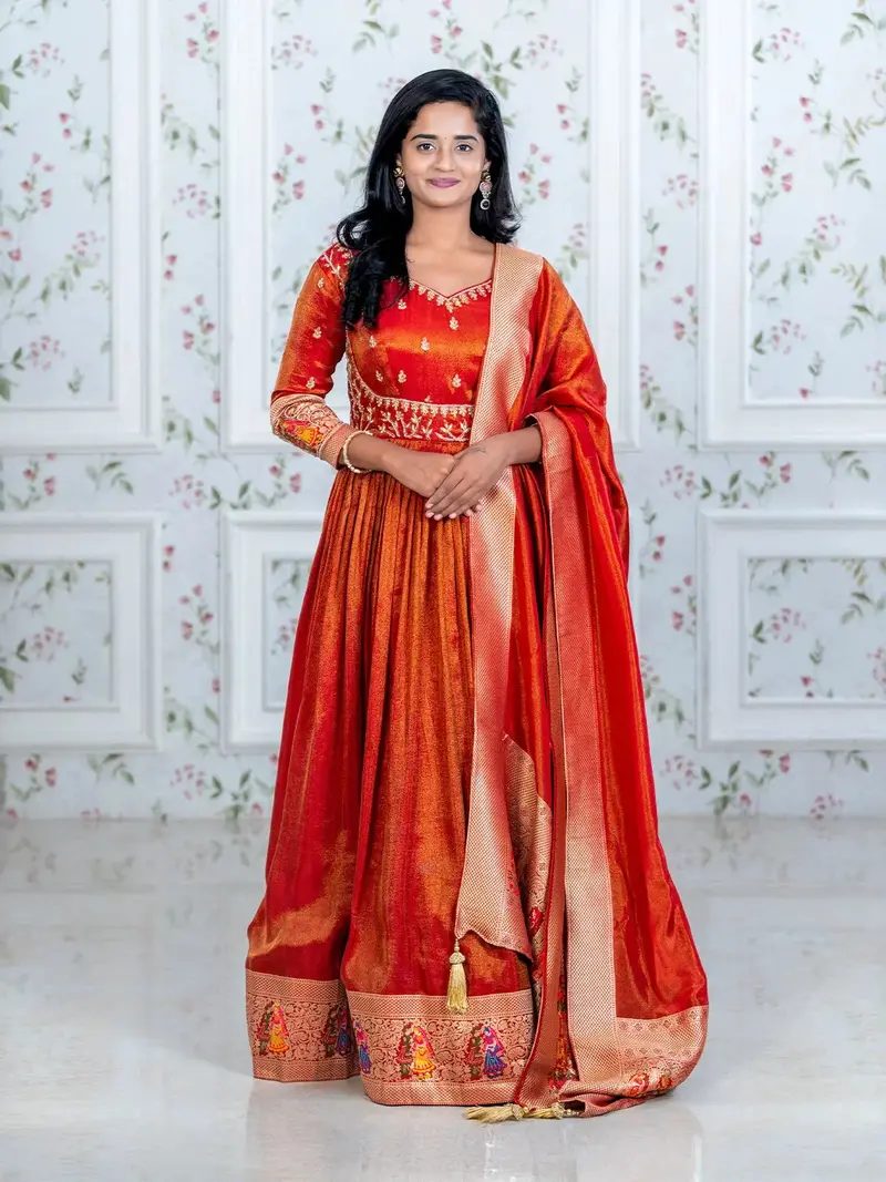Rust Orange Floral Embroidery Tissue Silk  Partywear Gown 1