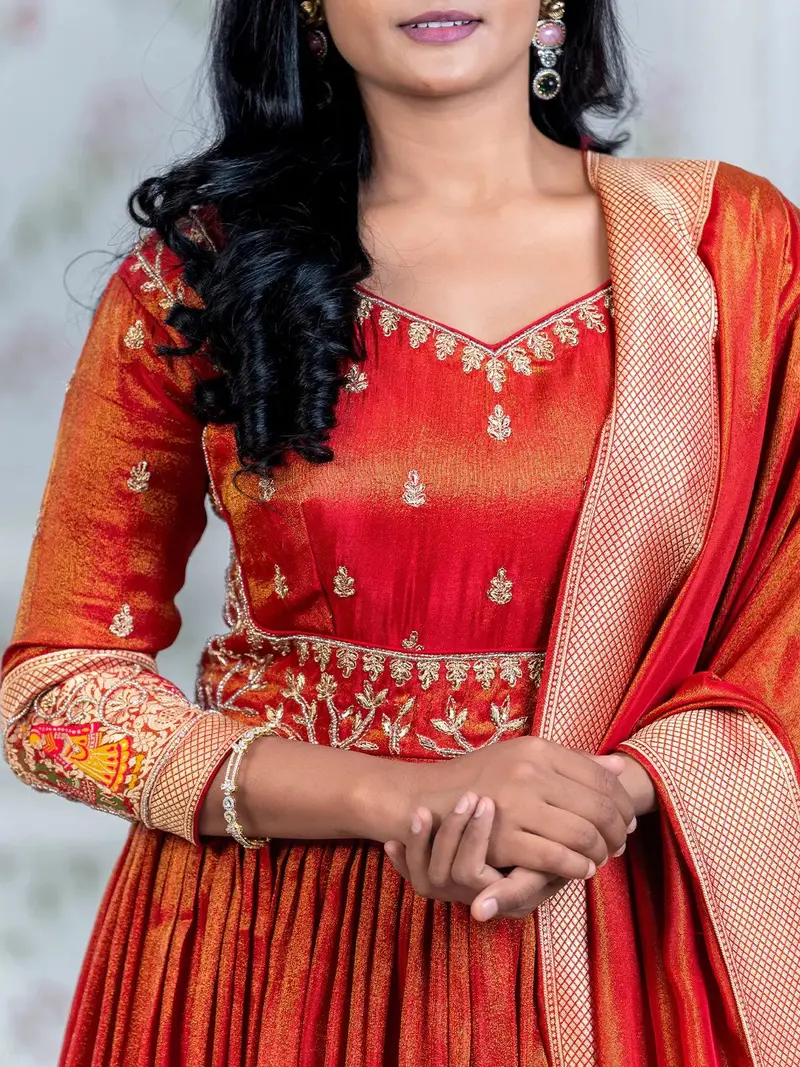 Rust Orange Floral Embroidery Tissue Silk Partywear Gown 2