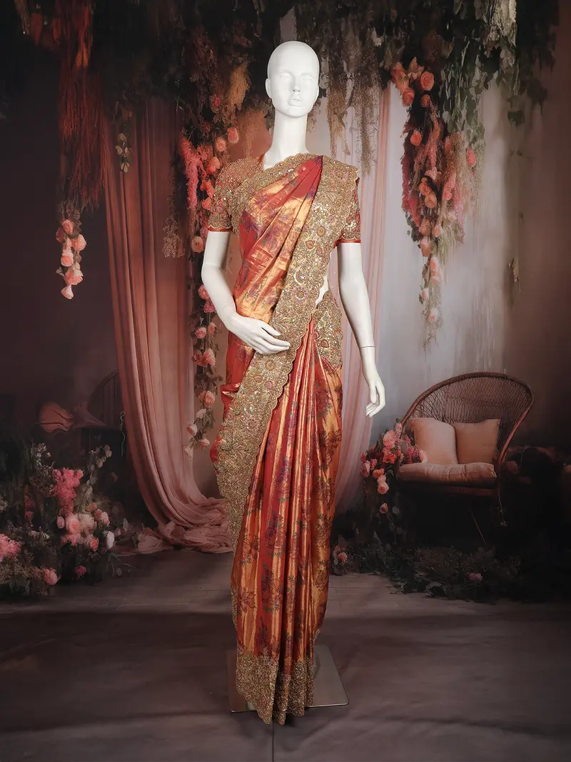 Rust Orange Floral Heavy Sequins And Beads Embroidered Design Tissue Designer Saree 1