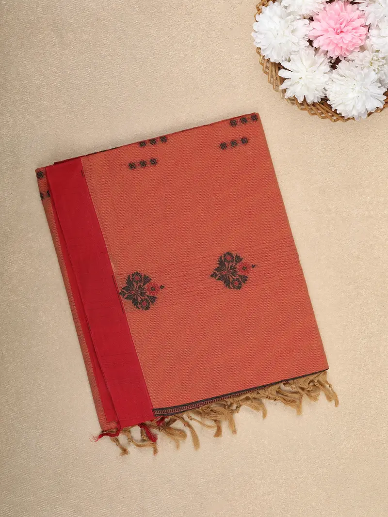 Rust Orange Floral Motif And Stripes Design Cotton Saree With Contrast Red Border 1