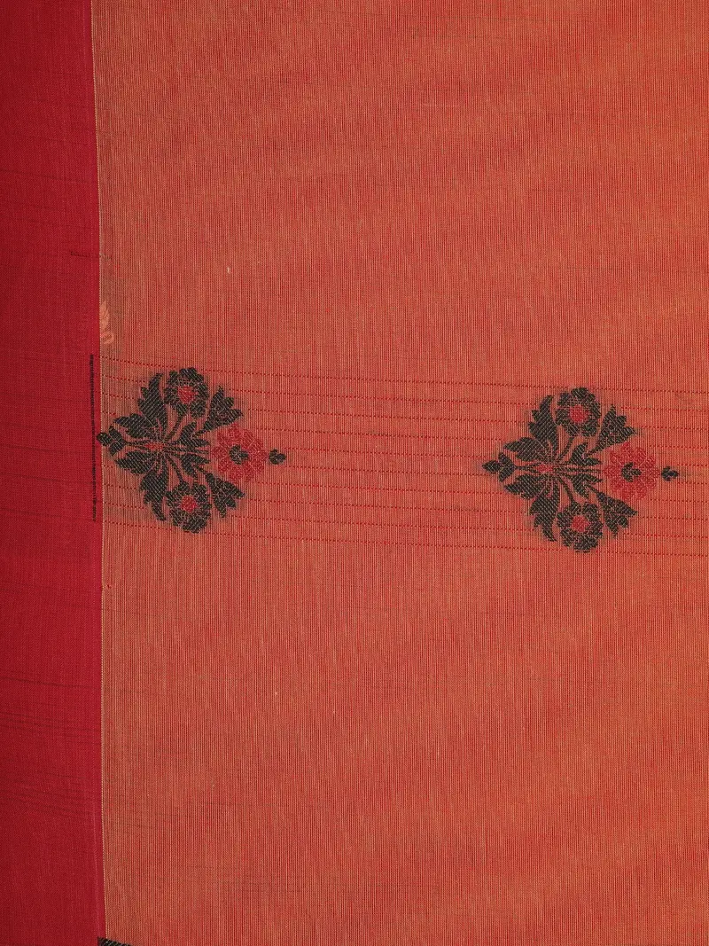 Rust Orange Floral Motif And Stripes Design Cotton Saree With Contrast Red Border 2