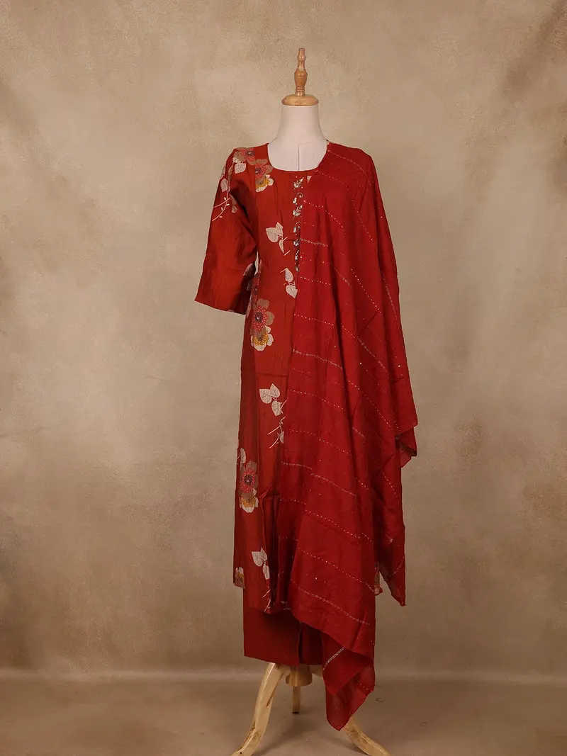 Rust Orange Floral Printed Cotton Salwar Suit With Dupatta 1