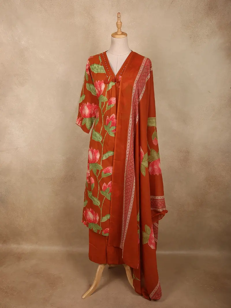 Rust Orange Floral Printed Design Cotton Salwar Suit With Dupatta 1