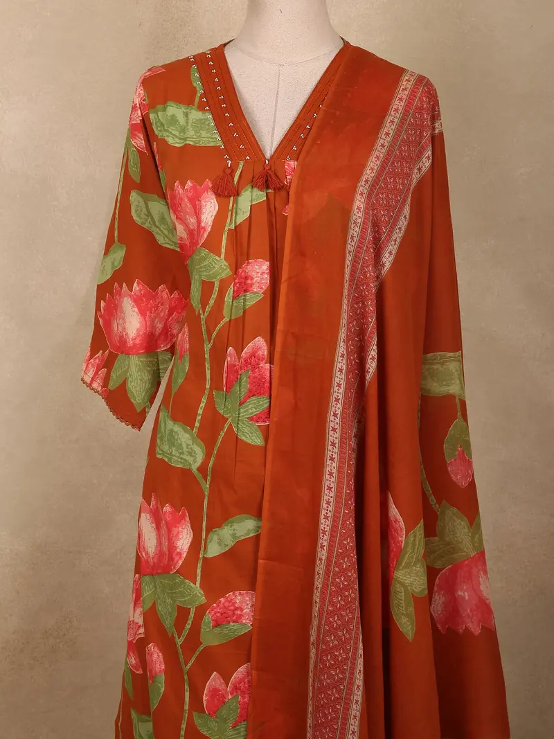 Rust Orange Floral Printed Design Cotton Salwar Suit With Dupatta 2