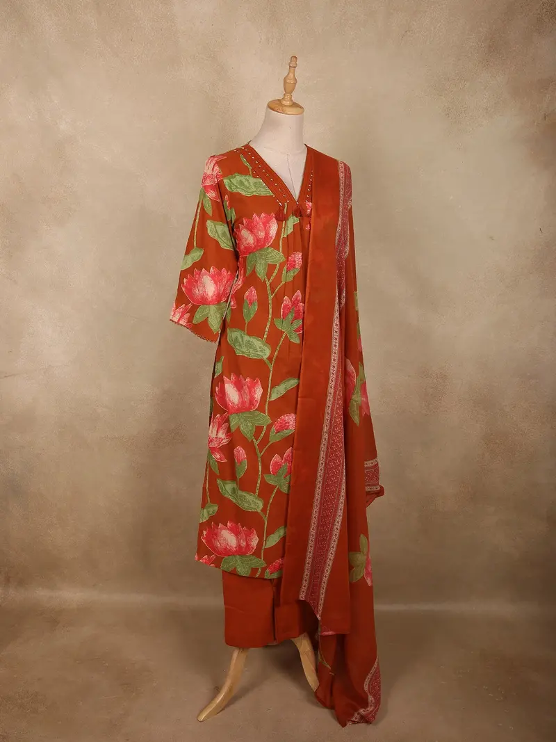 Rust Orange Floral Printed Design Cotton Salwar Suit With Dupatta 3
