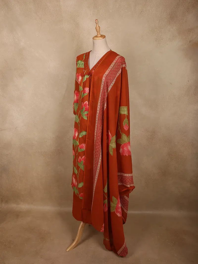 Rust Orange Floral Printed Design Cotton Salwar Suit With Dupatta 4